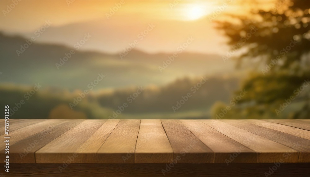 wooden table and green blurred nature background for product