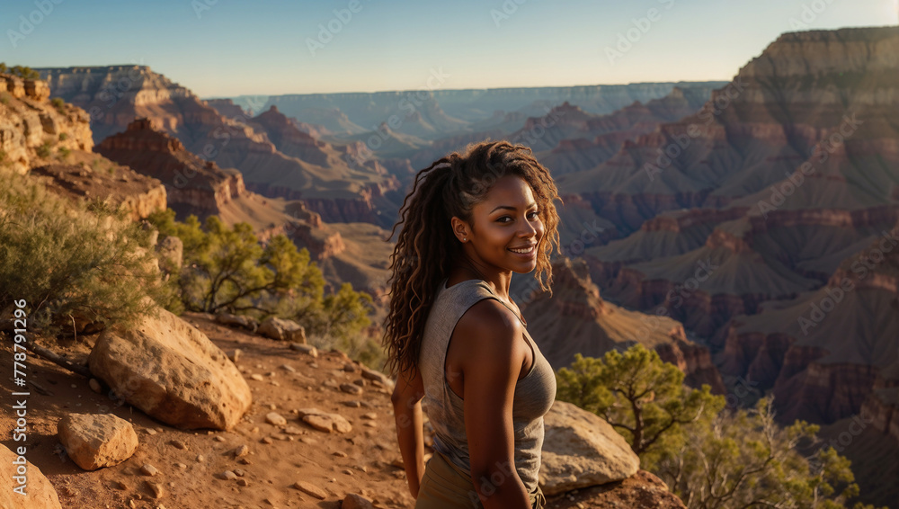 Bellissima donna di origini afro-americane sorride felice durante un trekking in vacanza nel Parco nazionale del Grand Canyon in Arizona