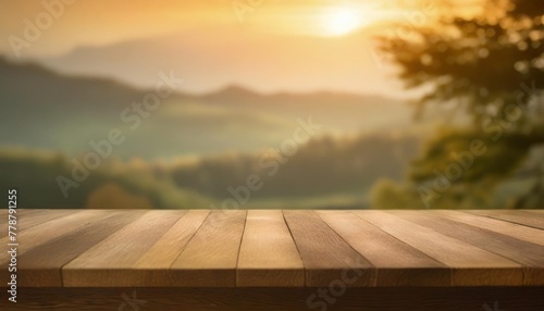wooden table and green blurred nature background for product