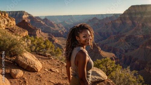 Bellissima donna di origini afro-americane sorride felice durante un trekking in vacanza nel Parco nazionale del Grand Canyon in Arizona photo