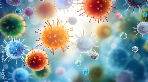 A high-detail digital illustration of viruses and bacteria on a blue background