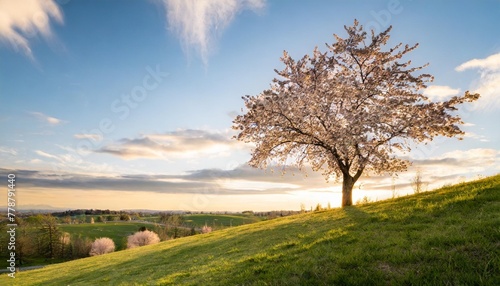 a cherry blossom tree stands gracefully on a grassy hill overlooking the tranquil landscape of a field with a clear sky and fluffy clouds