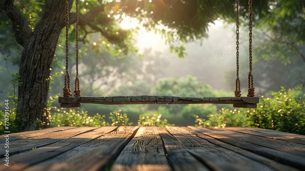 Old wooden terrace with wicker swing hang on the tree with blurry nature background 3d render Old wooden terrace with wicker swing hang on the tree with blurry nature background 3d render