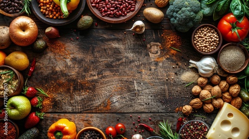   A wooden table filled with various fruits, veggies, cheese, beans, tomatoes, and broccoli on a nearby cutting board