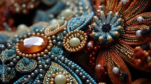 Macro photography showcasing bead embroidery details on diverse textile backgrounds Pro Photo 