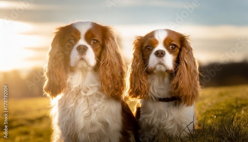two cavalier king charles spaniel dogs on white background
