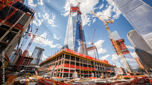 Wide-angle shot of a bustling construction site with cranes and skyscrapers against a blue sky with clouds in a modern city.