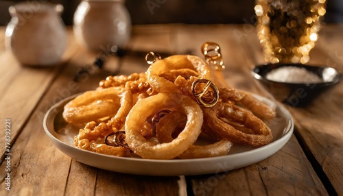 fried onion rings exude an irresistible aroma of flavor and crunch on a wooden table golden and caramelized earrings in an appetizing sight photo