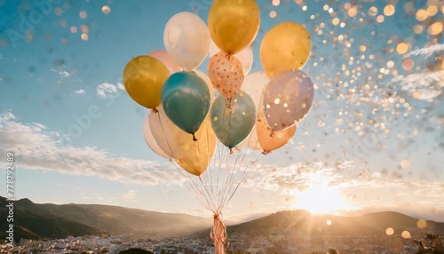 colorful balloons with cheerful faces ascending in a sky filled with sparkles creating an atmosphere of celebration and delight