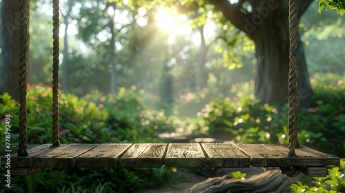 Old wooden terrace with wicker swing hang on the tree with blurry nature background 3d render