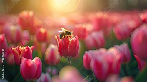 A bee experiencing a dream-like state within a vibrant tulip field photo