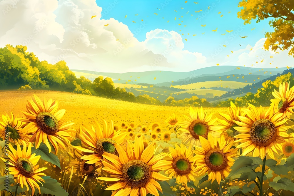 Obraz premium Sunflower Field Bright Yellow Blooms Stretch to Sunny