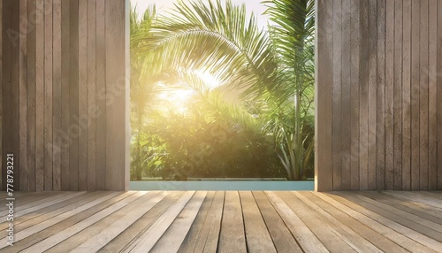 empty old wood plank wall 3d render there are concrete floor behide the backdrop is a tropical garden sunlight shine into the room