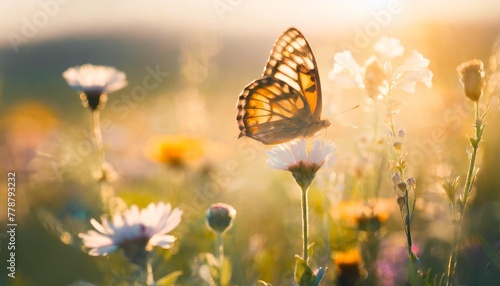 summer wild flowers and fly butterfly in a meadow at sunset macro image shallow depth of field abstract summer nature background