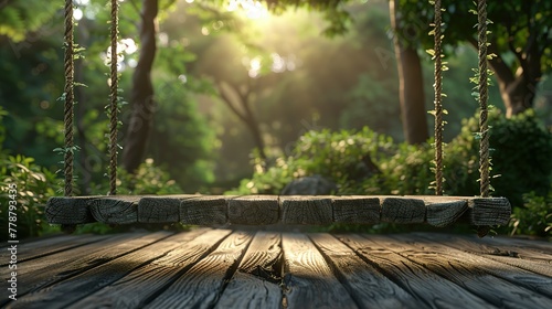 Old wooden terrace with wicker swing hang on the tree with blurry nature background 3d render #778793435