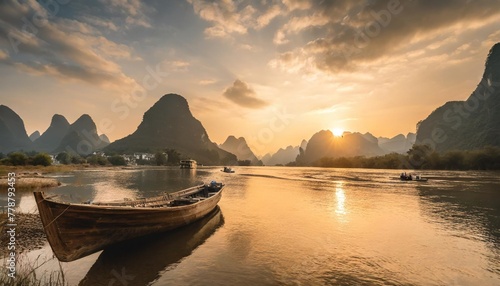 guilin over the sunsets with boat on the river