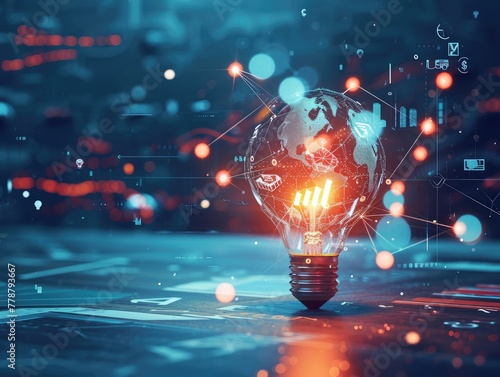 Conceptual image showcasing strategy and innovation in business. Includes futuristic icons, light bulbs, and graphics symbolizing growth, planning, competition, and economic advancement. AI