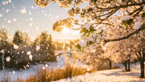 snow falling on a spring blossom tree photo