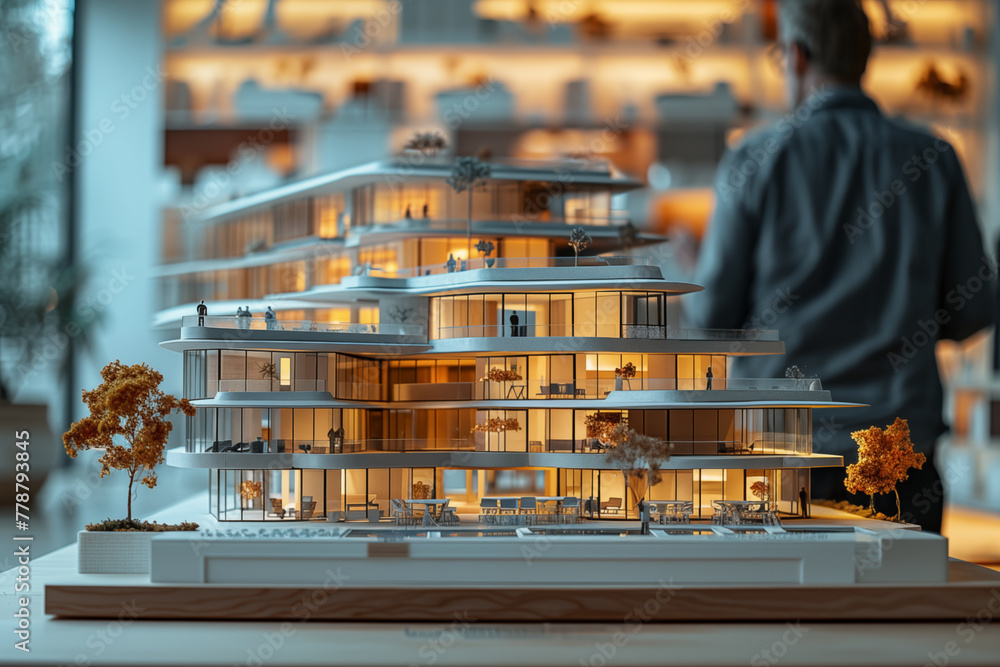 3d model of a residential complex on a table, the architect in the background
