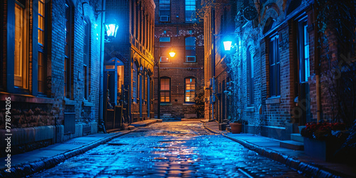 In a mysterious, dimly lit alley of an ancient city, lanterns illuminate the narrow street. photo