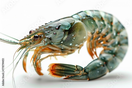 A single silver prawn, isolated against a white background, epitomizing the essence of seafood elegance.