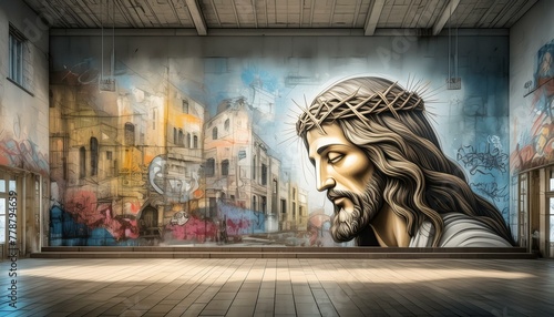 Religious contemporary art. Graffiti representing Jesus on the facade of a building. Copy space photo