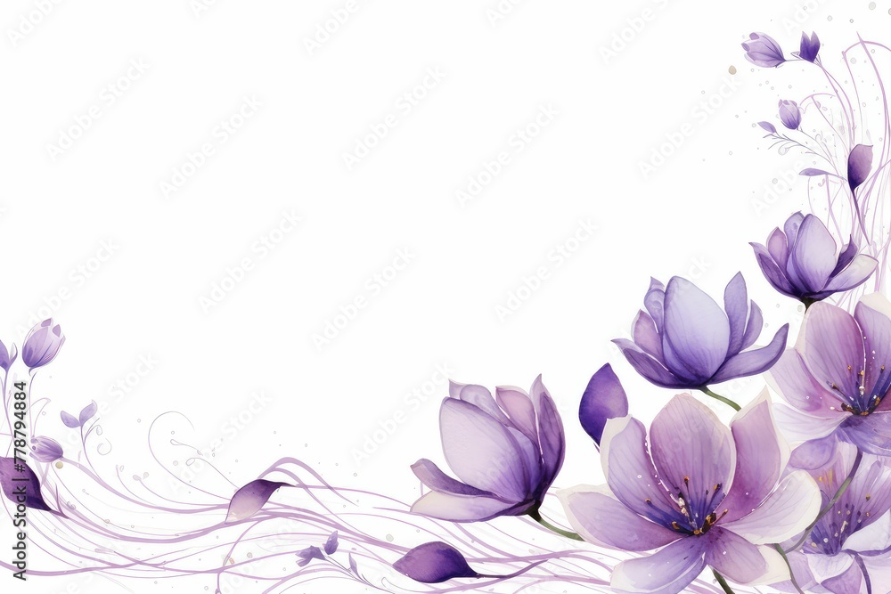 Watercolor crocus clipart with delicate purple and white flowers. flowers frame, botanical border, For wedding cards, covers, invitations, and clipart.