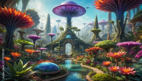 An exotic, alien botanical garden blooms with vibrant flora, towering mushrooms, and a tranquil waterway, inviting exploration.. AI Generation
