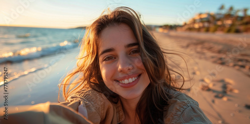 Portrait of a beautiful young woman taking a selfie on the beach
