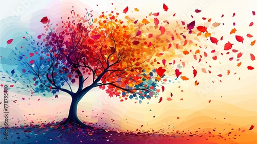 An illustration of a vibrant tree with leaves hanging from its branches, creating a colorful and abstract wallpaper. The tree is adorned with multicolored leaves.