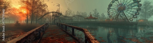 Abandoned amusement park, eerie, rusting and overgrown, haunted and nostalgic , 3D illustration
