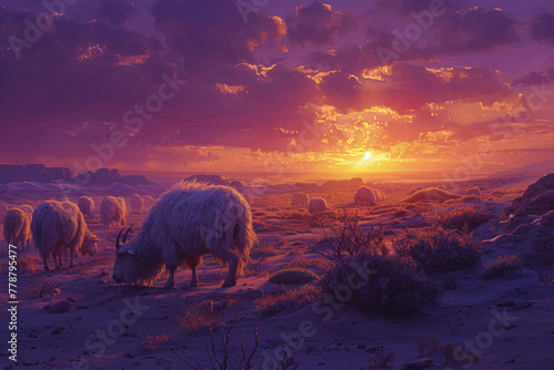 Generate an AI image of a mystical sunrise in the desert, with the horizon ablaze in hues of purple and gold. A herd of goats, their fur shimmering in the early light, peacefully grazes on sparse dese photo