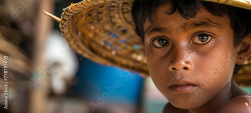 Close up of a sad young Rohingya boy with a straw hat