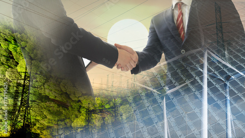 Double exposure graphic of business people working over wind turbine farm and green renewable energy worker interface. Concept of sustainability development by alternative energy.