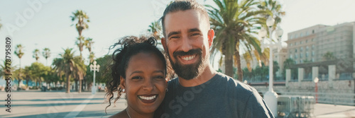 Close-up of interracial smiling couple in love, looks at camera, Panorama