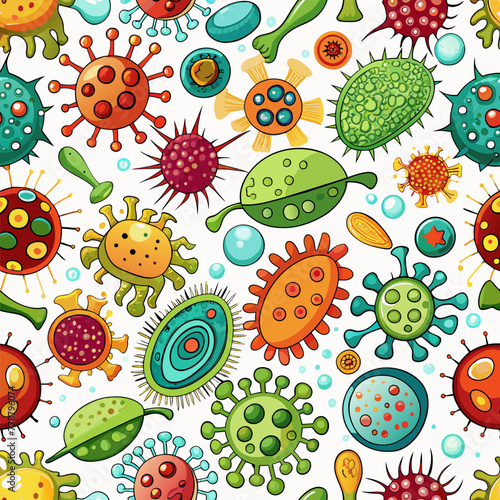 Different Kinds of Viruses. Bacteria Biology Organisms Seamless Pattern