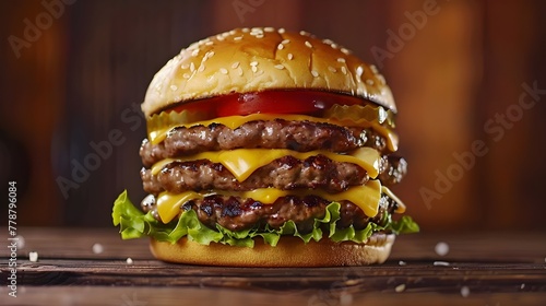 Three cutlet burger filled with beef and cheese on a black background photo studio shot with copy space
 photo