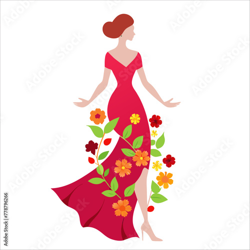 Beautiful girl in a dress with floral ornament vector