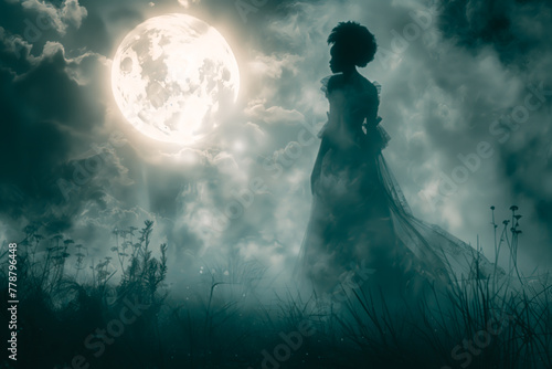 Woman is standing in a vast field illuminated by the glow of a full moon