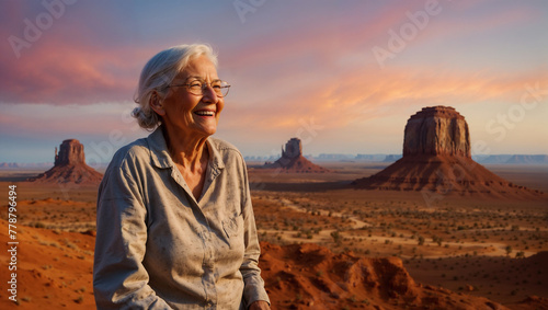 Donna anziana sorride felice durante una vacanza nella Monument Valley negli Stati Uniti d'America photo