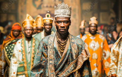 A majestic African king in traditional royal attire with his entourage, embodying cultural heritage and nobility.