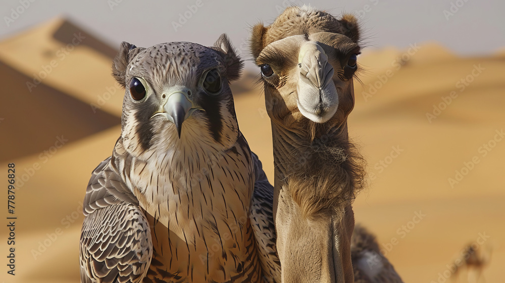 Naklejka premium A falcon and a camel are standing in the desert