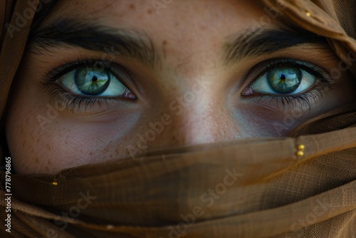 Close up of beautiful green eyes under an brown hijab © IgnacioJulian