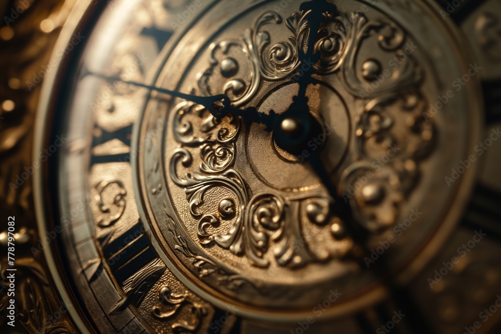 The face of a baroque style clock, captured in fine detail, symbolizing the elegance and relentless passage of time.