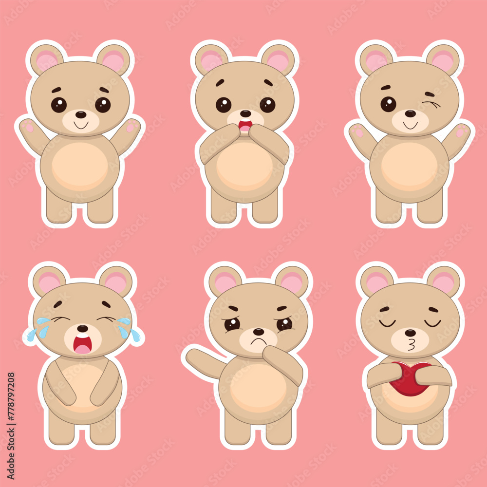
Set of cute teddy bear stickers with different emotions