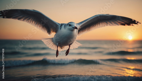 Flying seagull at sunset. Close up photo.