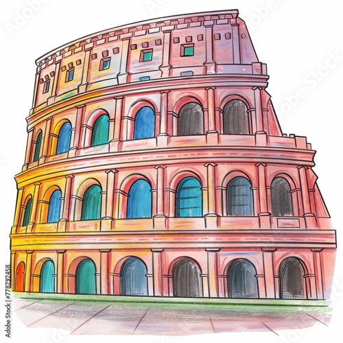 Colorful and creative crayon sketch of the ancient Colosseum, capturing the essence of Rome's iconic landmark