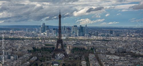 Aerial view on Eiffel Tower and district la Defense in Paris France
