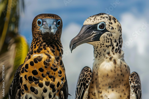 Two birds with blue eyes are standing next to each other