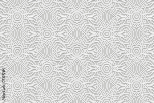 Embossed white background, ethnic cover design. Geometric decorative 3D pattern. Tribal handmade style, doodling, boho. Ornamental vintage exoticism of the East, Asia, India, Mexico, Aztec, Peru.